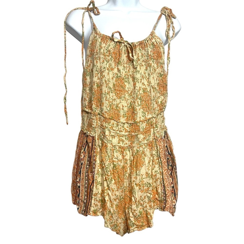 Free People Run Free Ruched Romper Backless Size Medium Sun Summer Resort Floral
